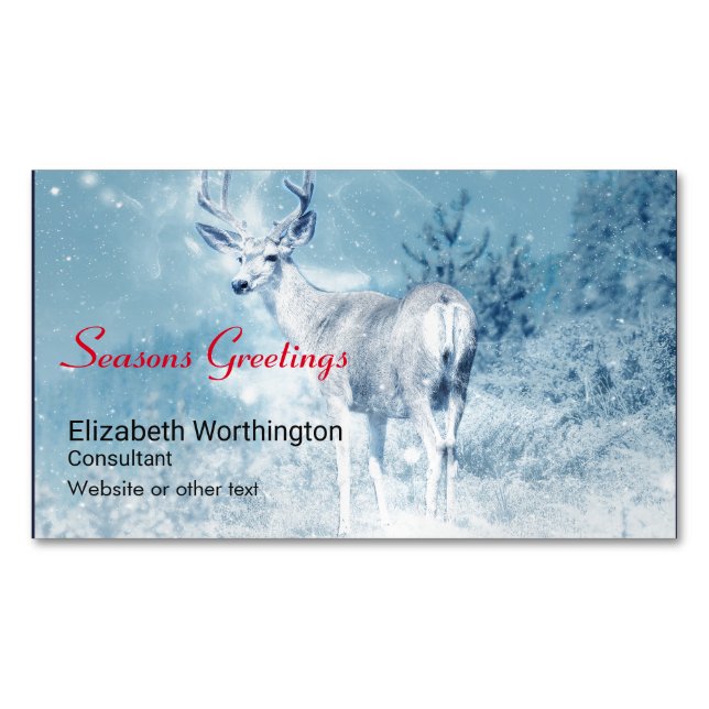 Seasons Greetings Winter Deer and Pine Trees Magnetic Business Card (Front)