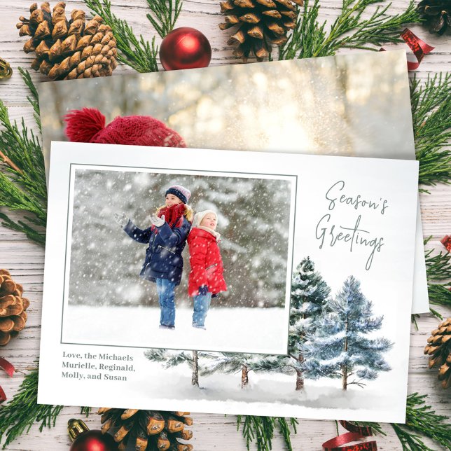 Season's Greetings Winter Pine 2 Photo Holiday Card (Season's Greetings woodland holiday photo card.)