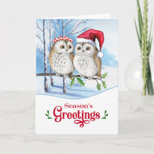 Season's Greetings Woodland Owl Couple Holiday Card