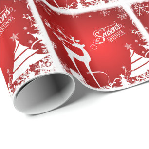 Season's Greetings Wrapping Paper Red White Deer