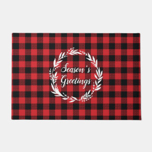 Season's Greetings Wreath Buffalo Check Pattern Doormat
