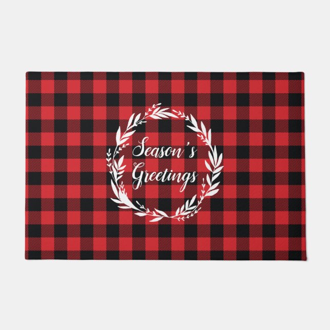 Season's Greetings Wreath Buffalo Check Pattern Doormat (Front)