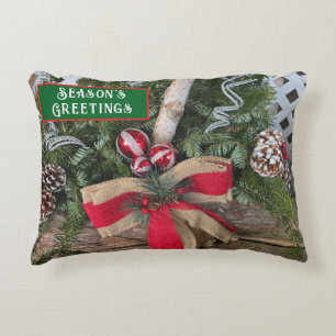 Season's Greetings Yule Log Greenery Ornaments Decorative Cushion