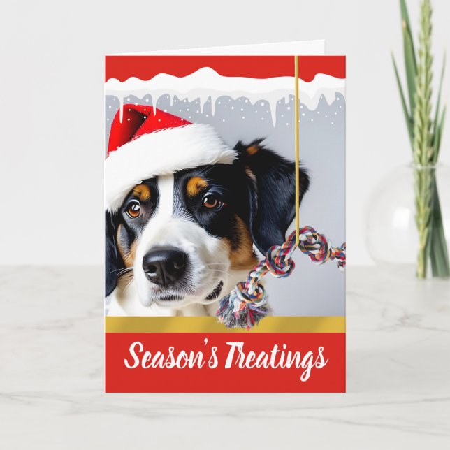 Season's Treatings Christmas Dog in the Snow Holiday Card (Front)