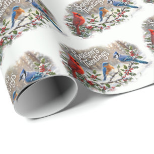 Season's Tweetings Colorful Birds on Snowy Holly Wrapping Paper