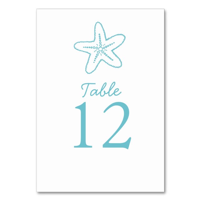 Seastar starfish aqua beach Wedding table numbers (Front)
