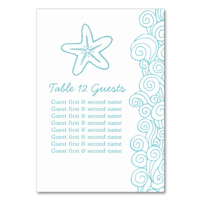 Seastar waves aqua guests Wedding table numbers (Back)