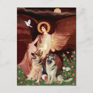 Seated Angel - Two German Shepherds Postcard