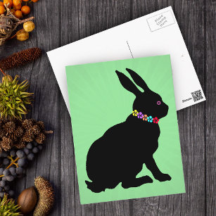 Seated Black Rabbit in Silhouette Pretty Flowers Postcard