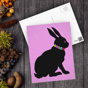 Seated Black Rabbit in Silhouette Pretty Flowers Postcard
