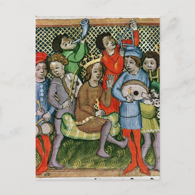 Seated crowned figure surrounded by musicians postcard (Front)
