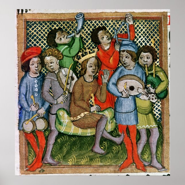 Seated crowned figure surrounded by musicians poster (Front)