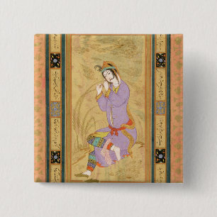 Seated girl curling her hair into ringlets, from t 15 cm square badge