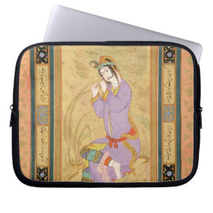 Seated girl curling her hair into ringlets, from t laptop sleeve