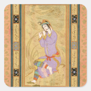 Seated girl curling her hair into ringlets, from t square sticker