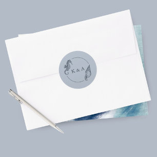 SEATERNAL Seahorse & Sea Shell Wedding Monogram Classic Round Sticker