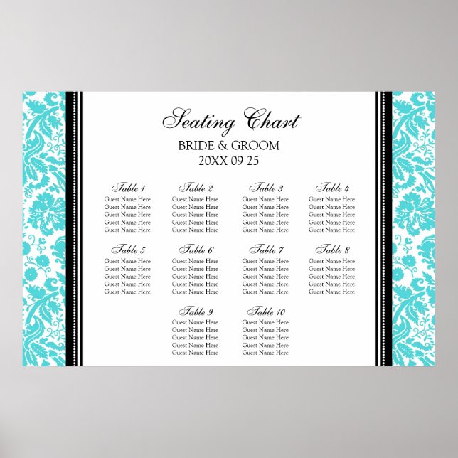 Seating Chart 10 Tables Aqua Black Damask (Front)