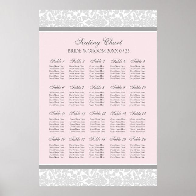 Seating Chart 20 Tables 120 Guest Pink Grey Damask (Front)