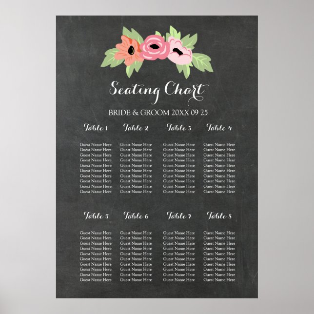 Seating Chart 8 Tables Chalkboard Pink Floral (Front)