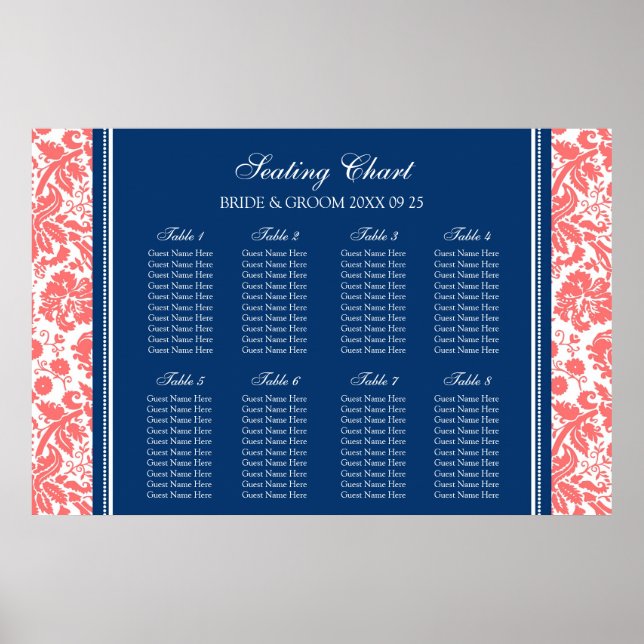 Seating Chart 8 Tables Coral Blue Damask (Front)