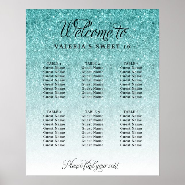 Seating Chart Aqua Blue Glitter Poster (Front)