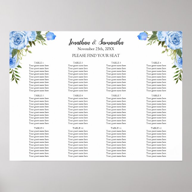 Seating Chart Blue Flowers Wedding Reception (Front)