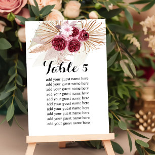 Seating Chart Boho Burgundy Pampas Grass Table Number