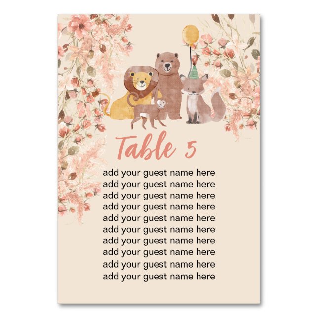 Seating Chart Boho Safari party cute fox lion bear Table Number (Front)