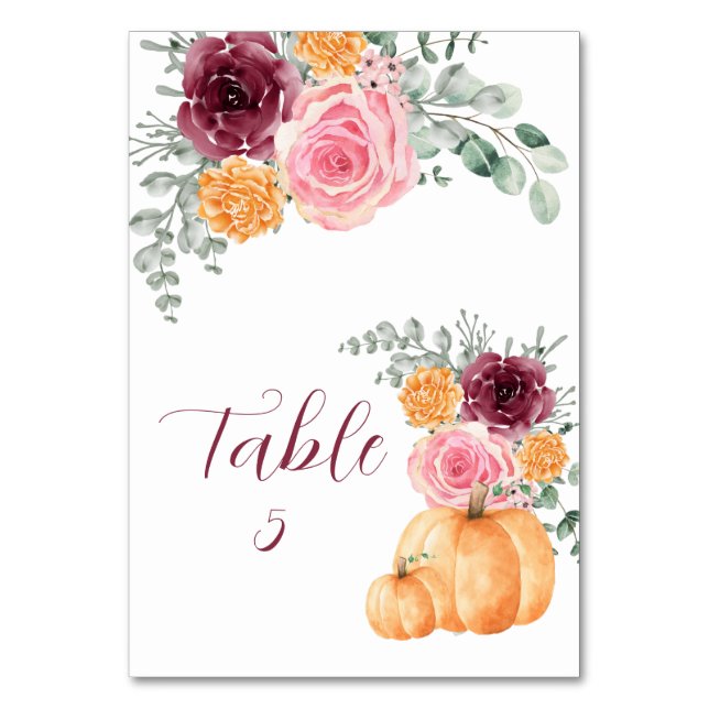 Seating Chart Fall Pumpkin Burgundy Blush Pink Table Number (Front)