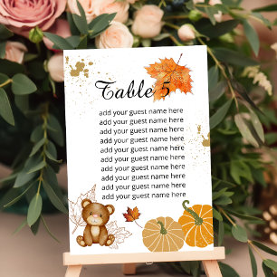 Seating Chart Fall Rust Leaves Teddy Bear Pumpkin Table Number