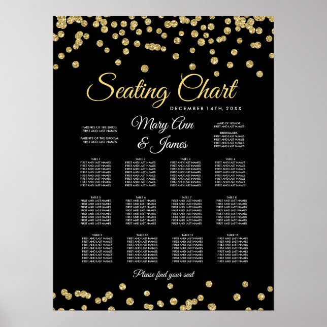 Seating Chart Gold Faux Glitter Confetti Black (Front)