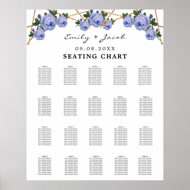 Seating Chart Gold Geometric Blue Floral Wed 200 (Front)