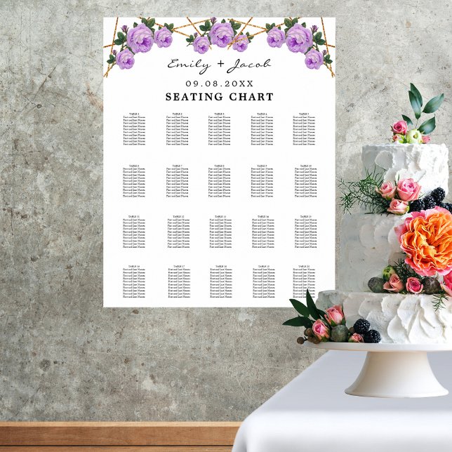 Seating Chart Gold Geometric Purple Floral Wed 200 (Gold Geometric Purple Floral Wedding 200 Guest List Seating Chart on Poster)
