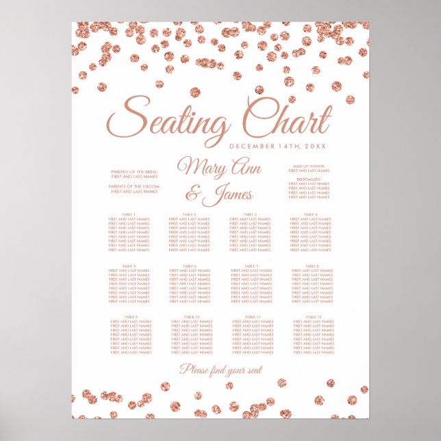 Seating Chart Rose Gold Faux Glitter Confetti (Front)