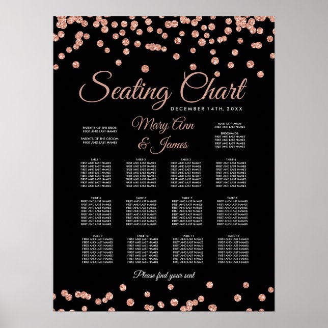 Seating Chart Rose Gold Faux Glitter Confetti Blac (Front)