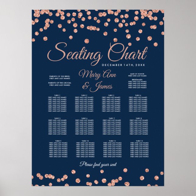Seating Chart Rose Gold Faux Glitter Confetti Navy (Front)