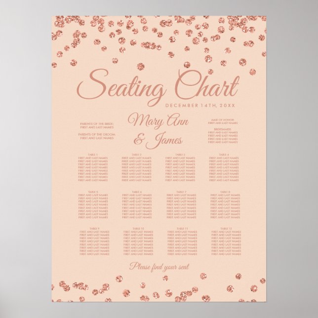 Seating Chart Rose Gold Glitter Confetti Blush (Front)