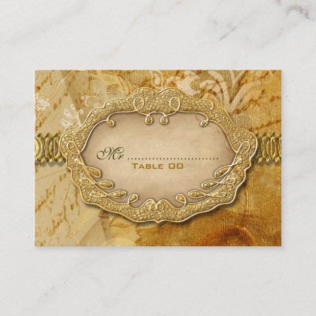 Seating gold brown vintage wedding place card (Front)
