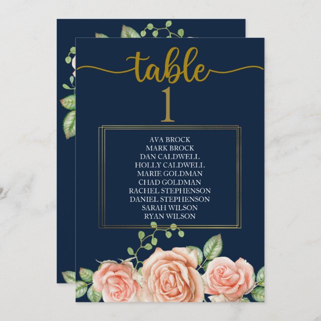 Seating Plan Table Card Navy Blue Gold Blush (Front/Back)