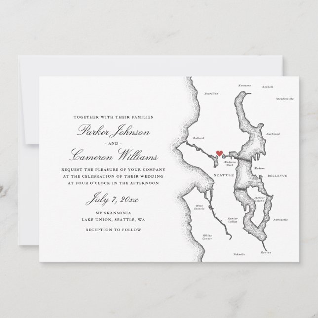 Seattle All-in-One QR code Black and White Wedding Invitation (Front)
