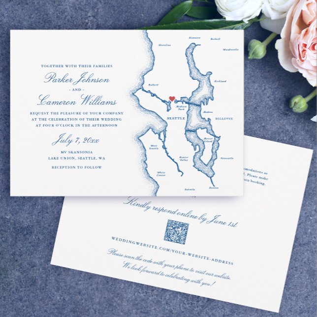 Seattle All-in-One QR code RSVP Blue Wedding Invitation (Seattle Budget Wedding Invitations All in one, QR code RSVP elegant Navy Blue by Coastal Map Designs)