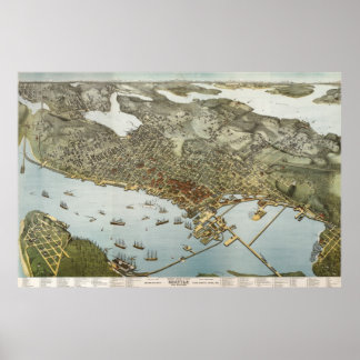 Seattle birdseye map  - 1891 (Koch) BigMapBlog Poster