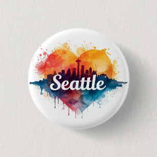 Seattle City watercolor Skyline 3 Cm Round Badge