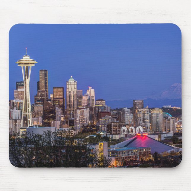 Seattle, Downtown and Mt. Rainier at Twilight Mouse Pad (Front)