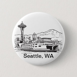 Seattle Ferry & Skyline Line Art Washington State 6 Cm Round Badge