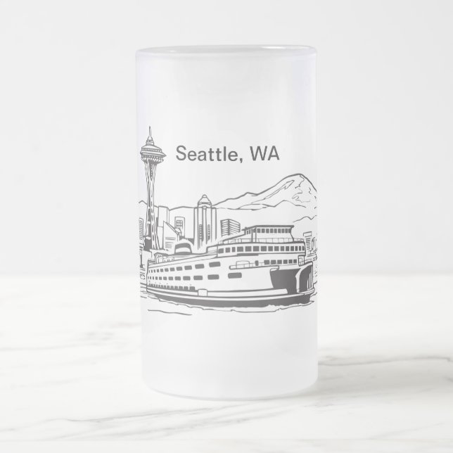 Seattle Ferry & Skyline Line Art Washington State Frosted Glass Beer Mug (Center)