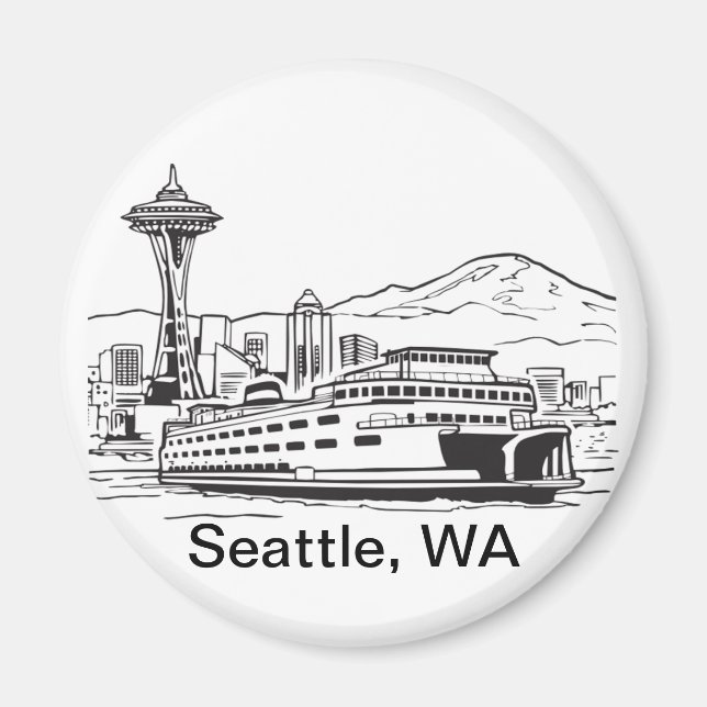 Seattle Ferry & Skyline Line Art Washington State Magnet (Front)