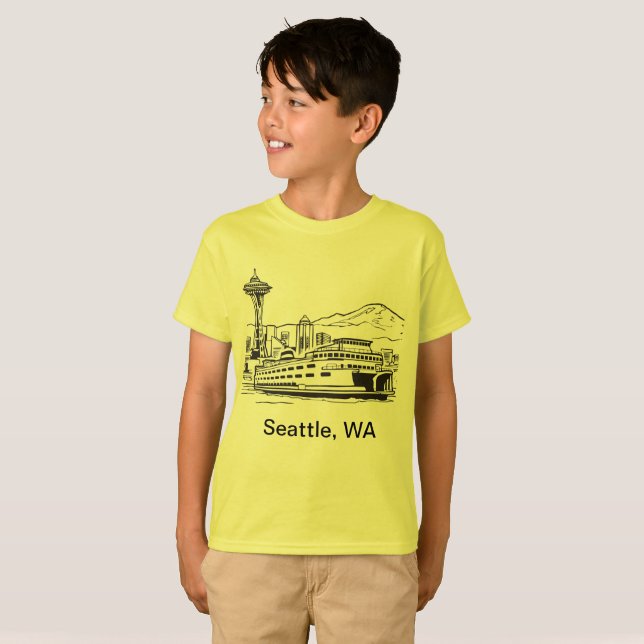 Seattle Ferry & Skyline Line Art Washington State T-Shirt (Front Full)
