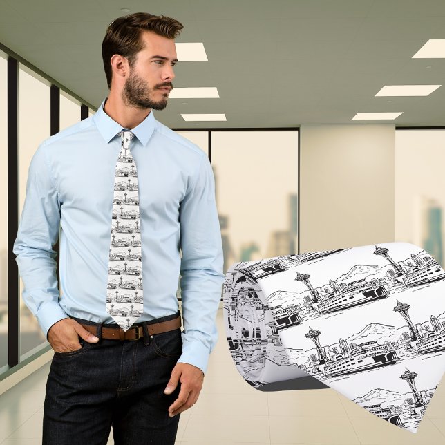 Seattle Ferry & Skyline Line Art Washington State Tie (Seattle Ferry & Skyline Line Art Washington State Tie)