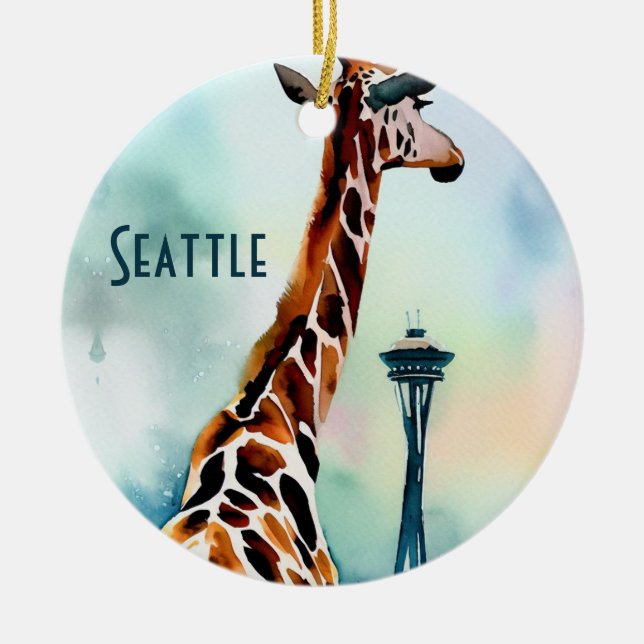 Seattle Giraffe Christmas Souvenir Ceramic Tree Decoration (Front)